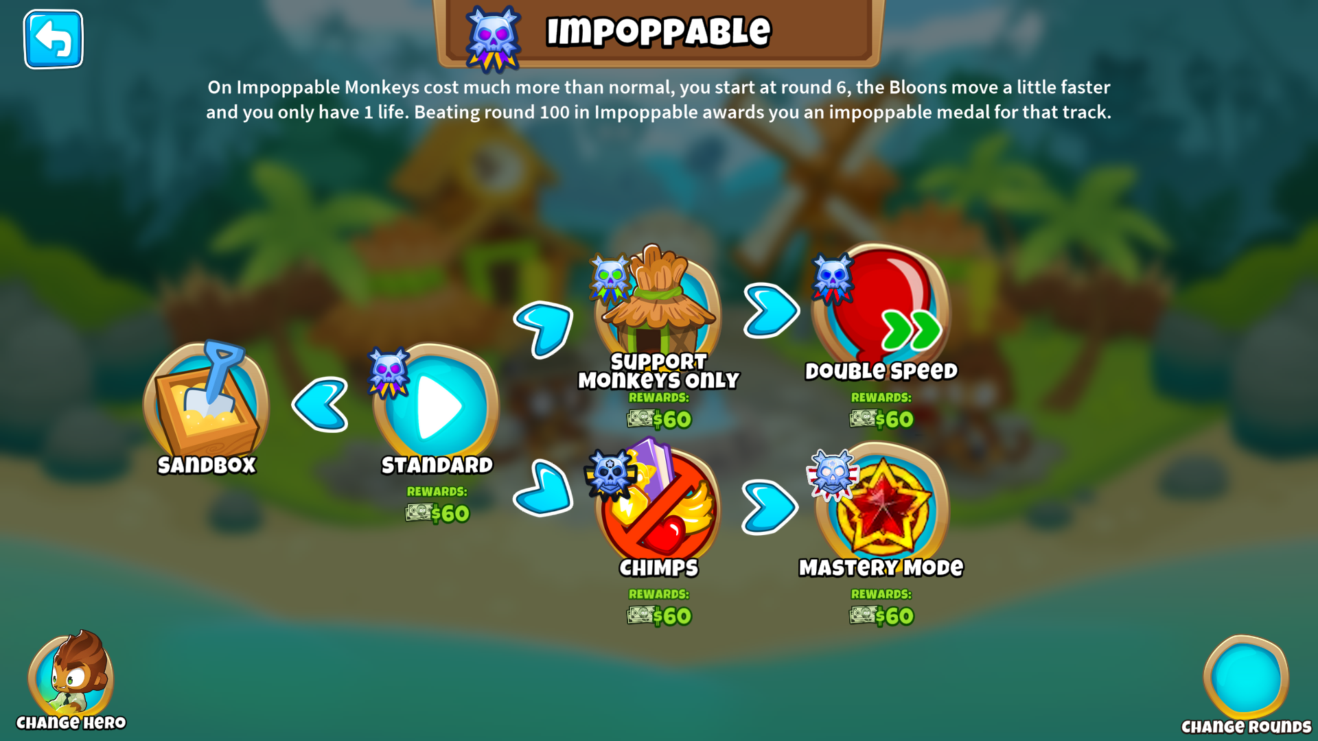 The new gamemodes added in the impoppable difficulty: Support [Monkeys] Only, Double Speed and Mastery Mode.